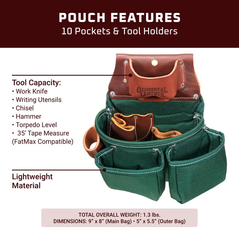 Occidental Leather OxyLights 3 Pouch Tool Bag with Tape Holder - Green, Left Hand - 10 Pockets & Tool Holders - Made in USA - Image 3